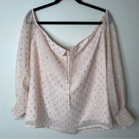 Nordstrom WAYF Pink Off-the-shoulder pink gold bow puff sleeve chiffon top Large - Picture 7 of 15